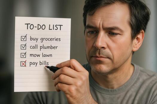 A Man Indoors Completing A To Do List By Crossing Out Tasks On A Note With A Pen In A Focused Expression In Soft Ambient Lighting photo