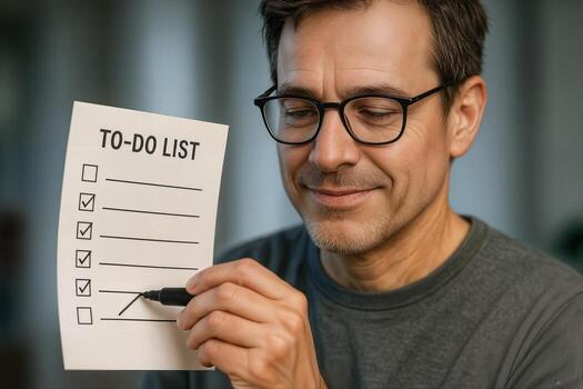 Man Indoors Checking Off Multiple Items On A To Do List While Smiling With Natural Light Creating A Sense Of Achievement And Productivity photo