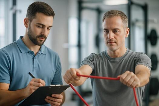 Physical Therapist Tracking Patient Progress During Resistance Band Exercise in a Modern Gym Setting in Natural Light with Focused Expressions photo