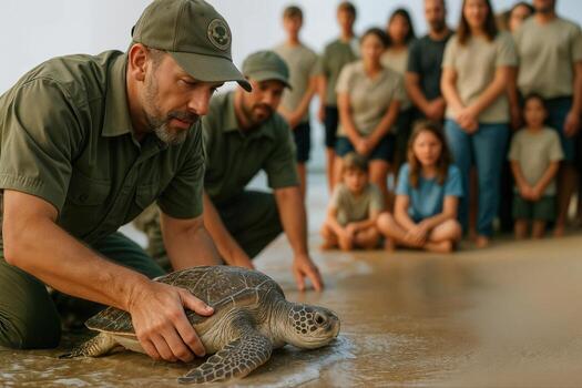 Turtle Release Event on a Beach as Conservationists Guide a Turtle Back to the Ocean with Onlookers Watching in the Background photo
