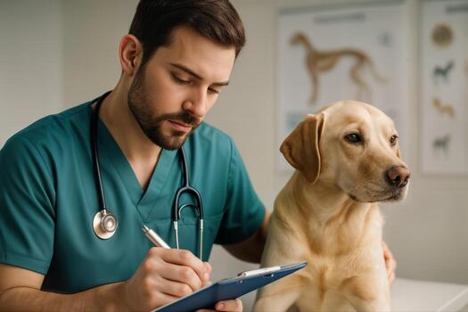 Veterinarian Examining a Dog Indoors While Taking Notes in a Clinic Setting, Highlighting Care and Professionalism During a Routine Pet Check Up photo