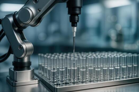 Automated Laboratory Arm Conducting Precise Liquid Transfer to Test Tubes Indoors with Focus on Robotic Technology and Laboratory Equipment photo