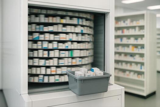 Automated Pharmacy Carousel in a Modern Store with a Focus on Medicine Storage and Distribution System Within a Brightly Lit Interior photo