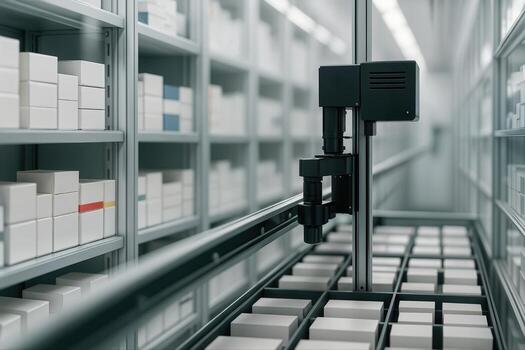 Automated Pharmacy System Organizing Medicine Boxes on Shelves in a Modern Facility with Robotic Arm Enhancing Efficiency in a Bright Indoor Setting photo