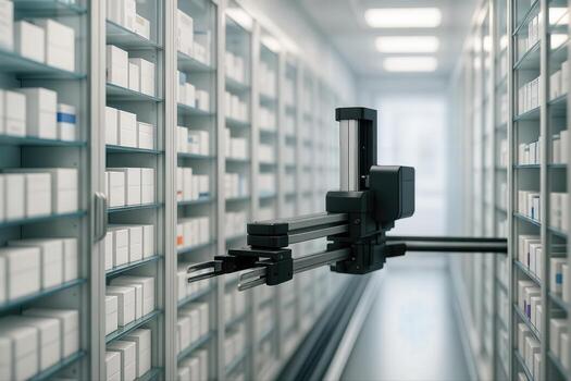 Automated Pharmacy System Organizing Medication in a Modern Efficient Facility With Shallow Depth of Field Visible in a Brightly Lit Indoor Environment photo