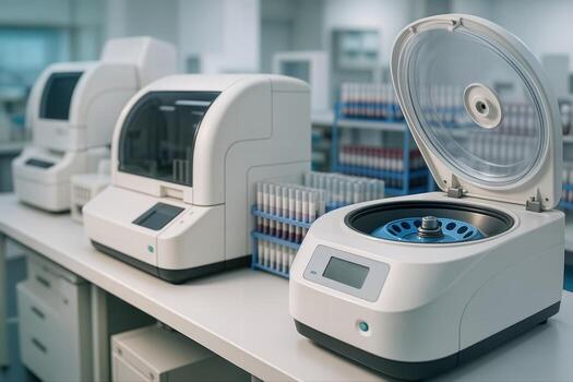 Blood Analysis Laboratory Showing Advanced Equipment And Test Tubes On A Workbench In A Bright Well lit Environment With Shallow Depth Of Field photo