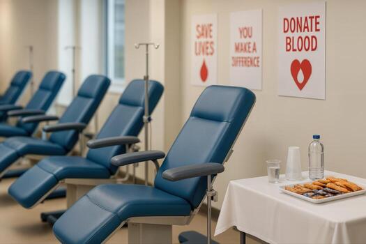 Blood Donation Center With Chairs Lined Up Indoors Displaying Encouraging Posters And Snacks On A Table For Donors Under Bright Artificial Light photo