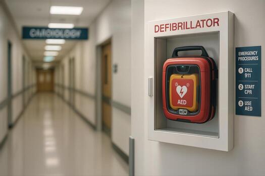 Cardiology Hallway Featuring An Accessible AED Defibrillator On The Wall In A Hospital Setting With Well Lit Corridor And Emergency Instructions Displayed photo