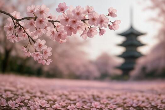 Cherry Blossom Trees In Full Bloom With A Traditional Pagoda In The Background Captured Outdoors In Soft Natural Light Creating A Serene And Peaceful Setting photo