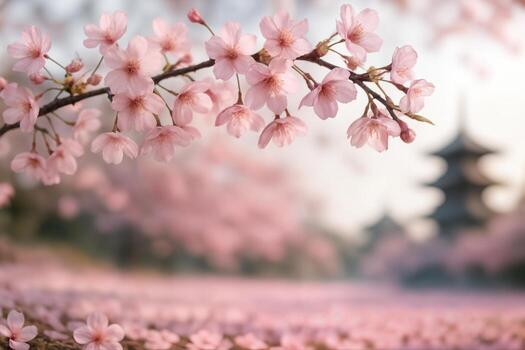 Cherry Blossom Blossoms Against A Scenic Pagoda Backdrop Creating A Serene Spring Atmosphere With Shallow Depth Of Field photo