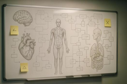 Clinic Brainstorm Room Featuring Anatomical Drawings on a Whiteboard Indoors With Flowcharts and Sticky Notes Adding Educational Context photo