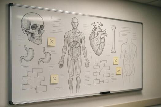 Clinic Brainstorm Room Featuring a Whiteboard with Anatomical Drawings and Diagrams in an Indoor Setting, Highlighting a Medical Educational Environment photo