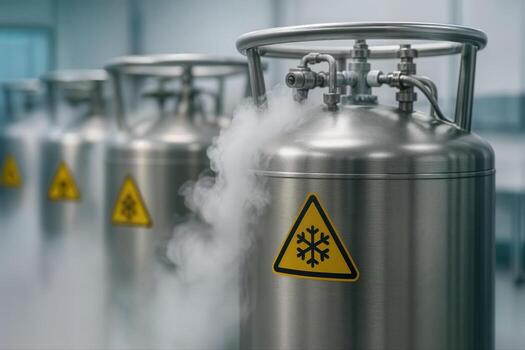 Cryogenic Laboratory With Metal Storage Containers Emitting Vapor Indicating Extreme Cold Conditions In An Indoor Scientific Setting photo
