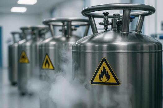 Cryogenic Lab Storage Tanks With Safety Signages in a Laboratory Setting with Visible Steam Under Fluorescent Lighting in a Row photo