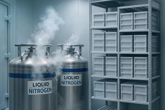Cryogenic Storage Chamber Featuring Liquid Nitrogen Tanks and Shelving with Boxes in a Clean Room Environment with Low Light and Metal Surfaces photo