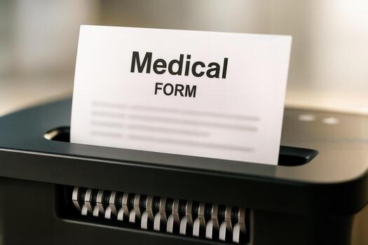 Document Shredding Process with Medical Form Being Destroyed in an Office Environment with Natural Lighting and a Focus on Confidentiality and Security photo
