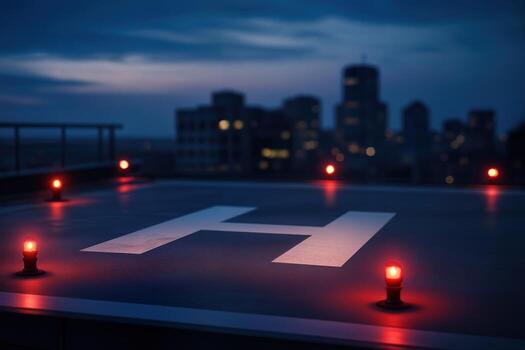 Helipad Positioned on Rooftop Illuminated with Lights at Dusk Overlooking Cityscape with Skyline in the Background under a Darkening Sky photo