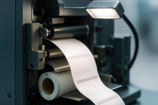 Label Printing Machine In Action With Long Roll Of White Labels In A Well Lit Workspace Setting Emphasizing Modern Industrial Technology photo