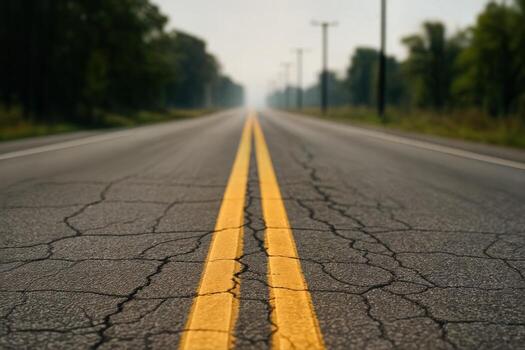 Highway Stretching into the Distance on a Hot Day with Heat Haze Creating a Blurring Effect and Cracks in the Pavement Under Clear Blue Skies photo
