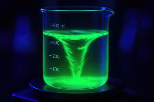 Laboratory Beaker with Fluorescent Liquid Forming a Swirl Under Black Light in a Dark Room, Creating a Dramatic and Scientific Atmosphere photo