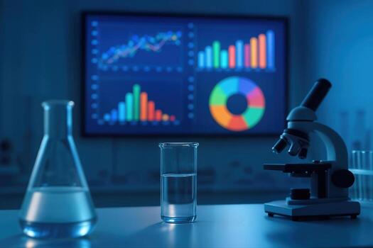 Futuristic Lab Setting with Glowing Digital Displays Showing Data Graphs and Charts, Featuring a Microscope and Flask on a Table, in Low Light photo