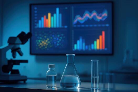 Futuristic Laboratory Setting Featuring Assorted Glassware With Glowing Displays In The Background, Emphasizing A High Tech Atmosphere Under Low Light photo