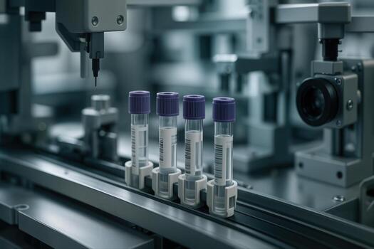 Futuristic Lab Machine Displays Test Tubes in a High Tech Indoor Laboratory Setting with Advanced Robotic Equipment and Sleek Design photo