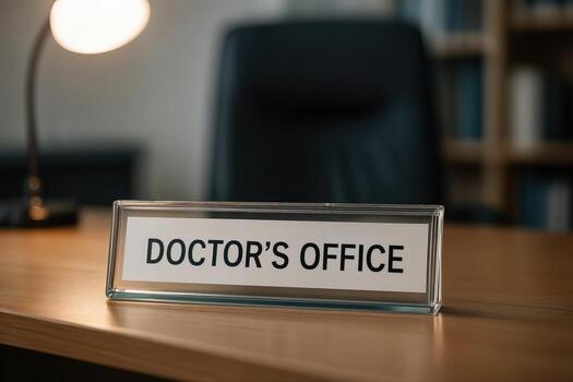 Doctor's Office Indoors Featuring a Close up of a Glass Nameplate on a Wooden Desk with a Lamp in the Background in Soft Lighting photo