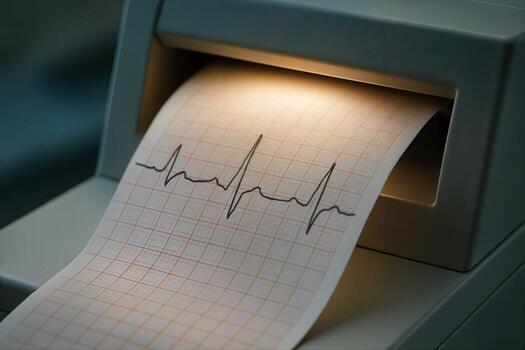 Heartbeat Printout Emerging From Medical Device Indoor Closeup With Low Light Setting Highlighting Detailed Graphs and Machinery photo