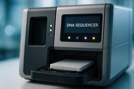 High Tech DNA Sequencer Displayed Indoors With a Focus on Its Screen and Sample Tray in a Laboratory Setting With Natural Lighting and Modern Equipment photo