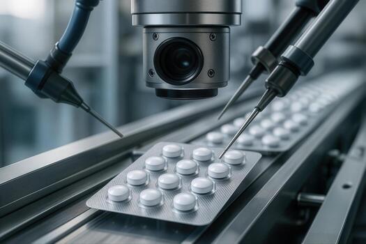 High Speed Packaging Line for Pharmaceuticals with Automated Machinery in a Modern Industrial Setting Captured in Low Light photo