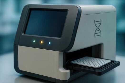 High Tech DNA Sequencer Displayed in a Laboratory Setting with a Tray Extended on a Clean Surface in a Well Lit Environment photo