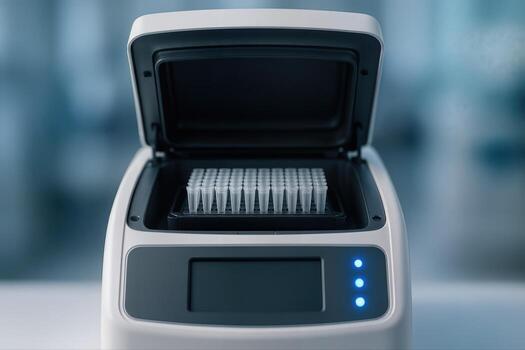 High Tech PCR Machine With Sample Tubes Displayed In Laboratory Setting With Focused Light And Minimal Background Elements photo