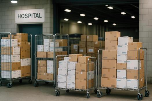 hospital cargando muelle lleno con pilas de cartulina cajas en metal carros durante tiempo de día demostración eficiente organización y suministro cadena administración foto