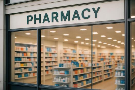 Pharmacy Storefront Illuminated With Bright Interior Light Displaying Various Products Through Large Glass Windows From An Outdoor Perspective photo