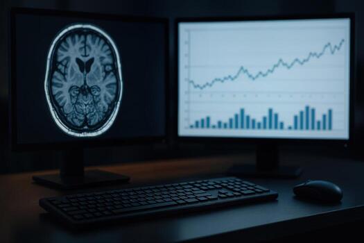 Data Analysis Late at Night with Computer Screens Displaying Brain Scan and Graphs in a Dimly Lit Office Setting Creating a Focused Analytical Environment photo