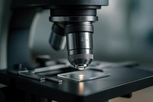 A Closeup View of a Microscope Lens Focused on a Slide in a Science Laboratory With Shallow Depth Of Field Creating a Professional and Clinical Atmosphere photo