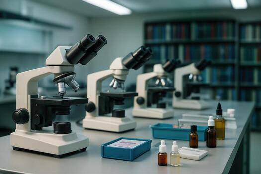 Laboratory Setting Featuring Multiple Microscopes and Slides on a Table in a Brightly Lit Room With Bookshelves in the Background photo