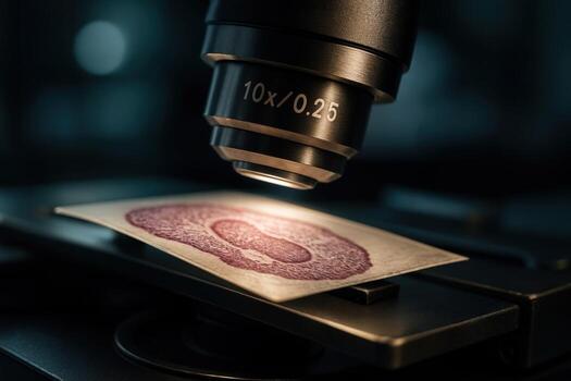 Microscope Focused on Biological Slide with Magnified 10x Objective Lens in Laboratory Setting as Artificial Light Highlights Cell Structure photo