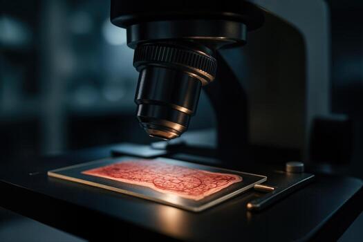 Microscope Focused On A Detailed Slide In A Laboratory Setting With Soft Lighting Creating A Technical And Scientific Atmosphere photo