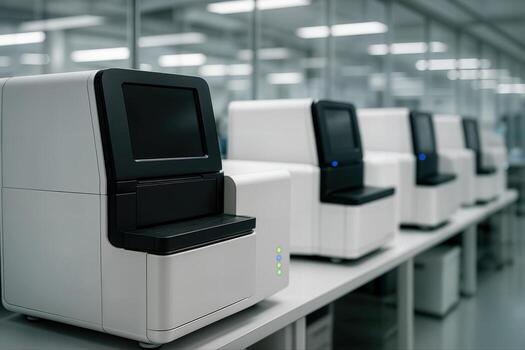 Modern Genomics Laboratory With Sequencing Machines Lined Up On A Counter In A Well Lit Indoor Setting Featuring Clean And Sleek Equipment Designs photo