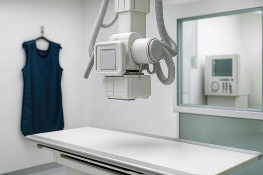 Modern Radiology Exam Room Featuring Advanced Imaging Equipment And White Walls In A Clinical Setting With A Protective Apron Hanging On The Wall photo