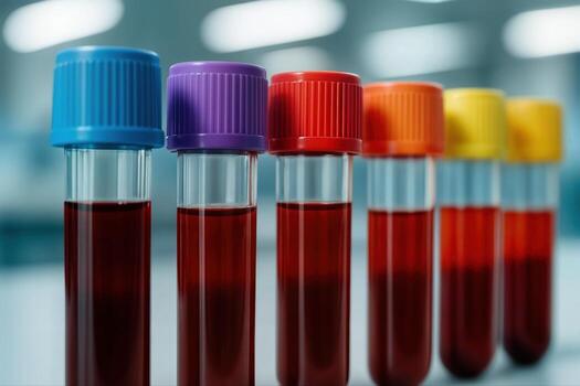 Organized Lab Test Tubes in a Row Filled with Red Liquid in a Laboratory Setting under Bright Indoor Lighting Creating a Futuristic Atmosphere photo