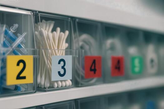 Organized Medical Supplies In Numbered Containers On A Shelf In A Clinical Setting, Featuring Syringes And Cotton Swabs, With Shallow Depth Of Field photo