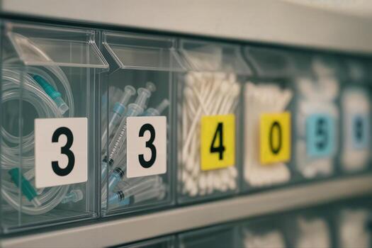 Organized Medical Supplies Neatly Stored in Transparent Containers Indoors, Featuring Syringes and Cotton Swabs in Even Rows for Efficient Access in Hospital Settings photo