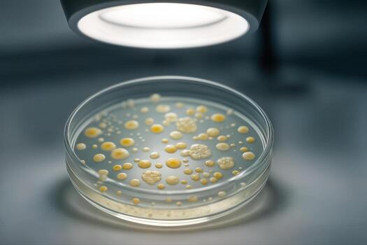Petri Dish Under Laboratory Light With Visible Bacterial Cultures In A Controlled Environment Showing Colonies And Growth Patterns photo