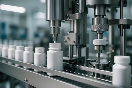 Pharmaceutical Production Line Showing Automated Machinery Filling Bottles In A White Industrial Setting With Shallow Depth Of Field photo