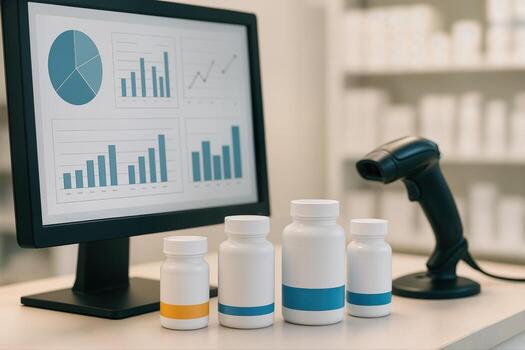 Pharmacy Workstation Setup Featuring a Computer Displaying Graphs and Barcodes with Medicine Bottles and a Scanner on a Counter photo