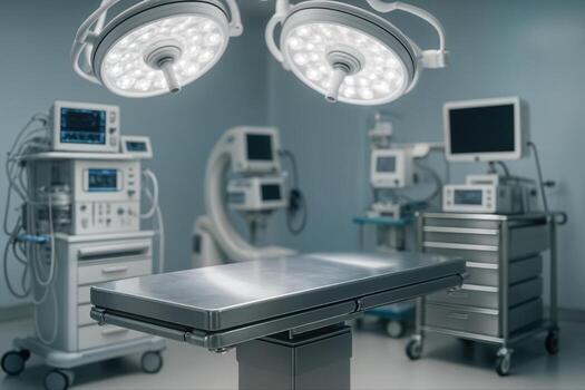 Operating Room With Modern Surgical Equipment and Overhead Lights, Featuring a Clean and Sterile Environment With Shallow Depth of Field photo