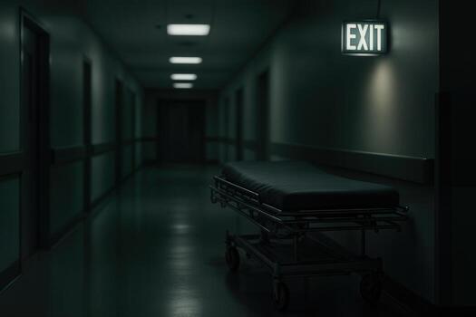hospital corredor con un camilla y salida firmar iluminado en oscuro Encendiendo para un tranquilo, desocupado ajuste a noche con superficial profundidad de campo foto